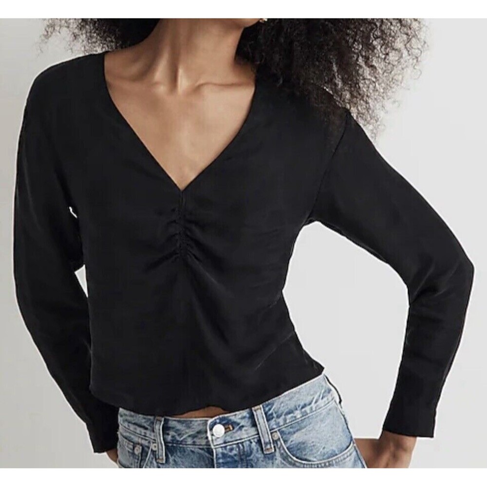 MADEWELL Brushed Ruched-Front True Black Long Sleeve Top SIZE 0 NWOT‎